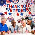 Thank You Veterans Banner - Happy Veterans Day Decorations - Red, White & Blue Paper Fans & Swirls for Party or Bulletin Board - Patriotic Indoor Decorations