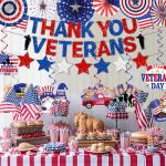 Thank You Veterans Banner - Happy Veterans Day Decorations - Red, White & Blue Paper Fans & Swirls for Party or Bulletin Board - Patriotic Indoor Decorations