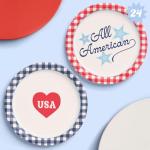 xo, Fetti All American USA Paper Plates | 24 pcs, 9" | 4th of July Tableware, Southern Bachelorette Decorations, Patriotic Dinner Party Setting, Birthday Tablescape
