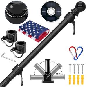 ZMTECH 5FT Flag Pole Kit with Solar Light and Embroidered American Flag, Adjustable Bracket and Upgraded Tangle-Free Ring 1" Stainless Steel Flagpole for Day and Night, Residential, Commercial, Black