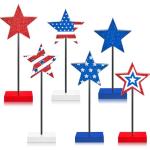 6Pcs Patriotic Memorial Day Tiered Tray Decor Veterans Day Wooden Star Set Memorial Red White and Blue Table Centerpiece Sign Decoration for Veterans Labor Fourth of July Home Office Patriotic Party