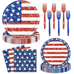 Jhfinely 96 Pieces American Flag Patriotic Plates and Napkins Tableware Set - 4th of July Disposable Paper Plates, Napkins and Forks for Independence Day Memorial Day Veterans Day Party Decorations