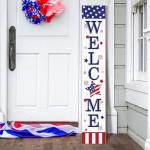 Patriotic 4th of July Welcome Sign for Front Porch, Memorial Day Decor Wooden Porch Sign For Outdoor Patio, USA American Flag Standing Yard Sign Summer Door Signs for Garden Wall Decorations