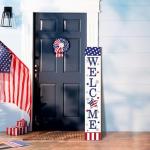 Patriotic 4th of July Welcome Sign for Front Porch, Memorial Day Decor Wooden Porch Sign For Outdoor Patio, USA American Flag Standing Yard Sign Summer Door Signs for Garden Wall Decorations