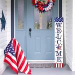 Patriotic 4th of July Welcome Sign for Front Porch, Memorial Day Decor Wooden Porch Sign For Outdoor Patio, USA American Flag Standing Yard Sign Summer Door Signs for Garden Wall Decorations