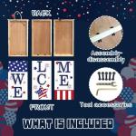 Patriotic 4th of July Welcome Sign for Front Porch, Memorial Day Decor Wooden Porch Sign For Outdoor Patio, USA American Flag Standing Yard Sign Summer Door Signs for Garden Wall Decorations