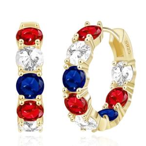 FSLEAD Patriotic Earrings for Women Red White Blue Earrings CZ Inside Out 14K Gold Plated Hoop Earrings Huggie Gold Earring American Flag 4th of July USA Memorial Independence Day