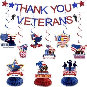 Veterans Day Decorations, NO-DIY Thank You Veterans Banner includes Veterans Day Banner, 6Pcs Hanging Swirls, 3Pcs Honeycomb Centerpiece for Indoor Outdoor Veterans Decor Patriotic Decorations