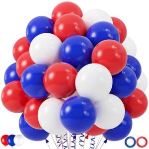 100pcs Red White and Blue Balloons, 12 inch Independence Day Patriotic Balloons for 4th of July Graduation Baseball Birthday Party Decorations