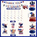 Veterans Day Decorations, NO-DIY Thank You Veterans Banner includes Veterans Day Banner, 6Pcs Hanging Swirls, 3Pcs Honeycomb Centerpiece for Indoor Outdoor Veterans Decor Patriotic Decorations