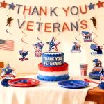 Veterans Day Decorations, NO-DIY Thank You Veterans Banner includes Veterans Day Banner, 6Pcs Hanging Swirls, 3Pcs Honeycomb Centerpiece for Indoor Outdoor Veterans Decor Patriotic Decorations