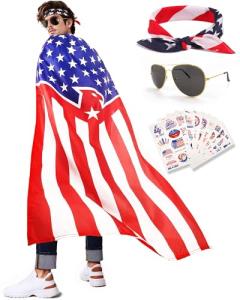 YUSPENYE American Flag Costume Cape Set – Flag Cape, Bandana, Sunglasses (UV400, 54mm) & Patriotic Tattoo Stickers (10pcs/96 Patterns)