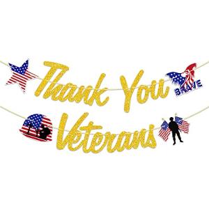 Veterans Day Banner, Thank You Veterans Glitter Letter Banner Cardstock Paper Garland Patriotic Party Decorations