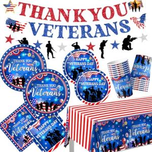 Veterans Day Decorations Tableware, 142Pcs Happy Veteran Day Decorations includes Patriotic Plates Veterans Day Napkins, Thank You Veterans Plates and Napkins for Patriotic Party