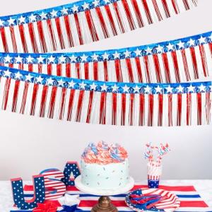 32.7ft Patriotic Foil Fringe Garland - 4th of July Red White and Blue Star Metallic Tinsel Streamers for Memorial Day, Independence Day Party Decorations, Backdrop, Table Skirts, and Parade Float