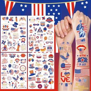 110Pcs 4th of July Temporary Tattoos, 4 Sheets Patriotic Party Face Body Decorations, USA Flag Independence Day 4th of July Temporary Tattoo Stickers for Kids Adults, Fourth of July Temporary Tattoos