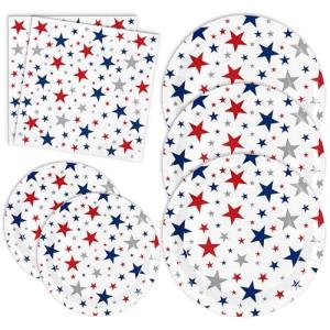 Whaline 72Pcs Patriotic Party Tableware Set Red Blue Star Disposable Dinnerware 48Pcs Paper Plate 24Pcs Napkin for 4th of July Independence Day Party Supplies Table Decor