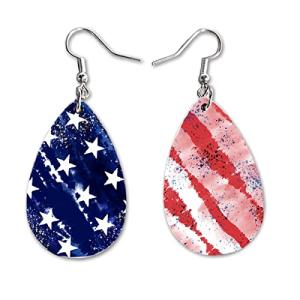 4th of July USA Dangle Earrings Set | Cute Girls Womens Jewelry Earings | Double Sided Print | Holiday Gifts | Independence Day Summer Decorations | Gnome Tie Dye Flag Red White Blue Patriotic