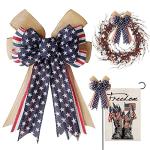 Patriotic Decor Bows for Wreaths,Burlap Red White Blue Stripe Stars Tree Topper Bow for 4th of July,Independence Day,Memorial Day,Veteran's Day,Front Door Indoor Outdoor Decorations