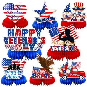 JULMELON 8PCS Veterans Day Table Decorations, Honeycomb Centerpieces, 3D Double Sided Happy Veterans Day Centerpieces for Tables Patriotic Decor Thank You Veterans Theme Party Supplies