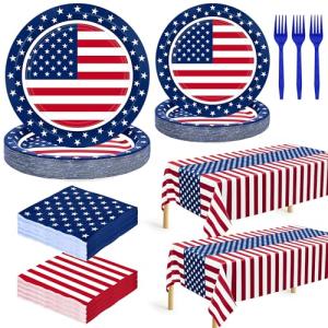QZYL 122 PCS 4th of July Decorations, Patriotic Plates and Napkins, Disposable Fourth of July Paper Plate and Napkin Tablecloth Forks, American Flags Design Memorial Day Party Supplies