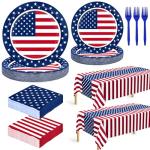 QZYL 122 PCS 4th of July Decorations, Patriotic Plates and Napkins, Disposable Fourth of July Paper Plate and Napkin Tablecloth Forks, American Flags Design Memorial Day Party Supplies
