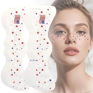 Boko 10Pcs Patriotic Temporary Tattoos, Red White Blue Independence Day Freckle Tattoos for Freckle Makeup, Waterproof Fake Freckles Makeup Patches for 4th of July Memorial Day Veterans Day Flag Party