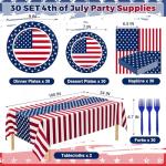 QZYL 122 PCS 4th of July Decorations, Patriotic Plates and Napkins, Disposable Fourth of July Paper Plate and Napkin Tablecloth Forks, American Flags Design Memorial Day Party Supplies