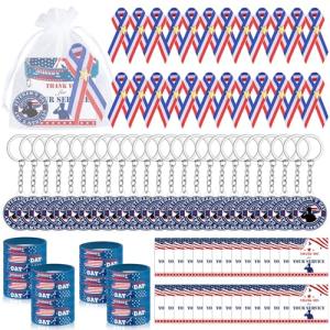120 Pieces Veterans Day Gifts Set, Bulk American Flag Silicone Bracelet Keychains Patriotic Ribbon Pins Cards Organza Gift Bags for Men Women Party Favors Veterans Day Gifts Patriotic Decorations