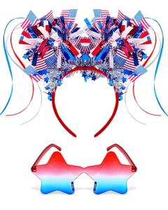 2 PCS 4th of July Headband for Women Girls -Red White Blue USA Star Headband Sunglasses,Patriotic Accessories Set for Independence Day, Memorial Day,Halloween Party