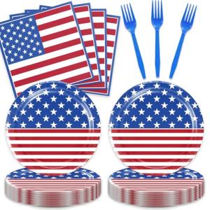 4th of July Decorations American Flag Tableware Set for 16 Guests - 48 Pcs Fourth of July Independence Day Veterans Day Party Supplies Plates, Napkins, Forks - Memorial Day Patriotic Decorations