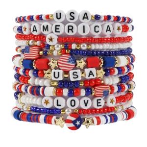 Lonext 12pcs American Flag Bracelet for Women Mens USA Red Blue White Beads Stretch Bracelet Set Patriotic 4th of July Independence Day