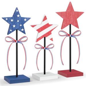 Sereliy 3 PCS Veterans Day Table Decorations Wooden Star Set, Rustic Patriotic 4th of July Tiered Tray Decor, Red White and Blue Decorations Veterans Day for Home (Elegant)