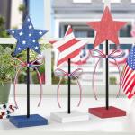 Sereliy 3 PCS Veterans Day Table Decorations Wooden Star Set, Rustic Patriotic 4th of July Tiered Tray Decor, Red White and Blue Decorations Veterans Day for Home (Elegant)