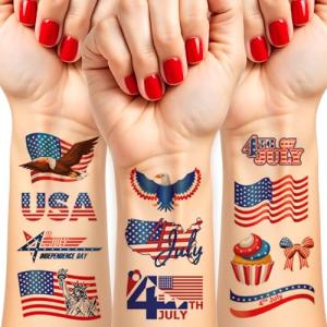 EMOME 4th of July Decorations, 10 Sheets Independence Day Face Tattoos Temporary, Red White and Blue American Flag for Party Supplies, 4th of July Accessories Patriotic Stickers for Women & Kids