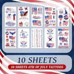 EMOME 4th of July Decorations, 10 Sheets Independence Day Face Tattoos Temporary, Red White and Blue American Flag for Party Supplies, 4th of July Accessories Patriotic Stickers for Women & Kids