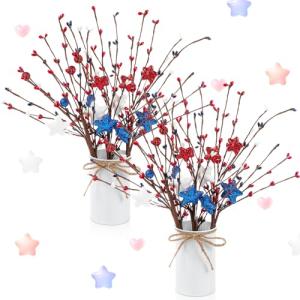 SiliFine 2 Sets Veterans Day Centerpieces for Tables Red White and Blue American Patriotic Flowers Decorations Include 11.81 Inch Artificial Berry Stem Stars Picks and Vase for Home Office