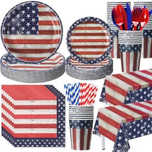 Funnymoom 452 Pcs Veterans Day Party Supplies for 50 Guests, American Flag Patriotic Paper Plates Napkins Cups Tablecloth Cutlery Straw White Red and Blue Tableware for Veterans Day Party Decoration