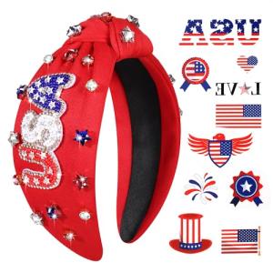 vokone 4th of July Headband Beaded USA Headband Patriotic Red White Blue Crystal Embellished Knotted with Tattoos for Women Girls Independence Day Accessories Red USA
