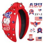vokone 4th of July Headband Beaded USA Headband Patriotic Red White Blue Crystal Embellished Knotted with Tattoos for Women Girls Independence Day Accessories Red USA