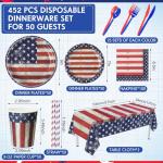 Funnymoom 452 Pcs Veterans Day Party Supplies for 50 Guests, American Flag Patriotic Paper Plates Napkins Cups Tablecloth Cutlery Straw White Red and Blue Tableware for Veterans Day Party Decoration