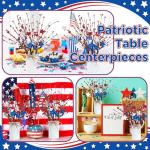 SiliFine 2 Sets Veterans Day Centerpieces for Tables Red White and Blue American Patriotic Flowers Decorations Include 11.81 Inch Artificial Berry Stem Stars Picks and Vase for Home Office