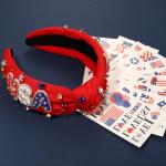 vokone 4th of July Headband Beaded USA Headband Patriotic Red White Blue Crystal Embellished Knotted with Tattoos for Women Girls Independence Day Accessories Red USA