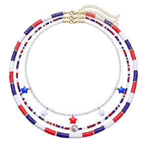 4th of July Surfer Heishi Bead Choker Necklace For Woman American Flag Star Pearl Polymer Clay Record Disc Beads Layered Necklace Boho Beach Necklace jewelry (red white blue heishi choker)