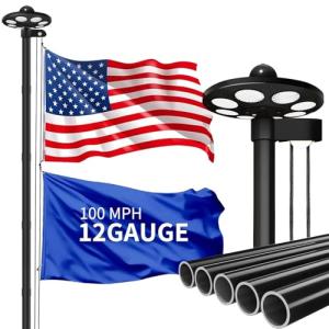 MXQMKL 20FT Heavy Duty Solar Flag Pole Kit,12 Gauge Flag Pole for Outside House Thick Aluminum Flagpole with 136 LED Light & 3x5 American Flag for Outside Ip67 Waterproof,Black