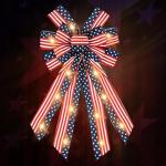 LED Veterans Day Bows for Wreath, Patriotic Wreath Bows Red Blue Burlap Ribbon American Flag Bow with LED Lights Stars and Stripes Farmhouse Bows for Front Door Memorial Day Decorations