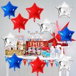 Blue Red Star Balloons, 18 Inch 12Pcs Navy Blue Red and Metallic Silver Stars Shape Foil Balloons, Helium Pentagram Balloon for Kids Cartoon Birthdays Graduation Baseball 4th of July Independence Day