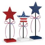 4th of July Tiered Tray Decor Wooden Star Set, 3 Pcs Memorial Day Table Decorations, Rustic Patriotic Tabletop Home Decor, Red White and Blue Decorations for Home (Retro)