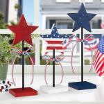 4th of July Tiered Tray Decor Wooden Star Set, 3 Pcs Memorial Day Table Decorations, Rustic Patriotic Tabletop Home Decor, Red White and Blue Decorations for Home (Retro)