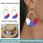Raffia Teardrop Earrings for Women Boho 4th of July Patriotic Earrings Statement USA Independence Day Earrings the United Rattan Dangle Drop Earring Trendy American Jewelry